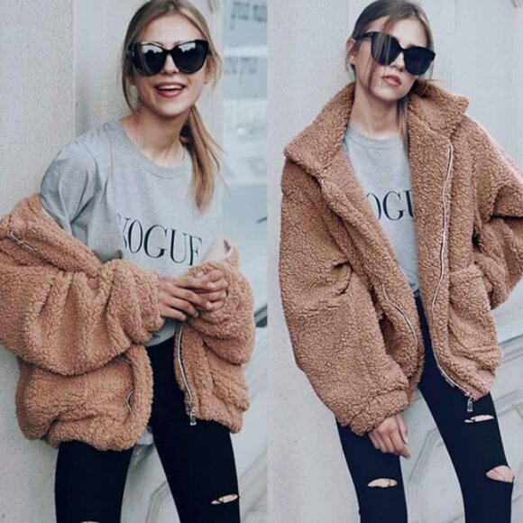 Light Brown Faux Shearling Sherpa Teddy Fleece Fuzzy Oversized Zip Up Jacket NEW - Picture 2 of 8